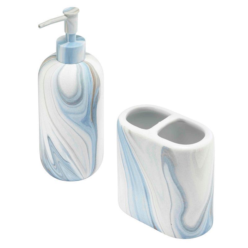 Blue and White Ceramic Waves Toothbrush Holder and Lotion Dispenser Set