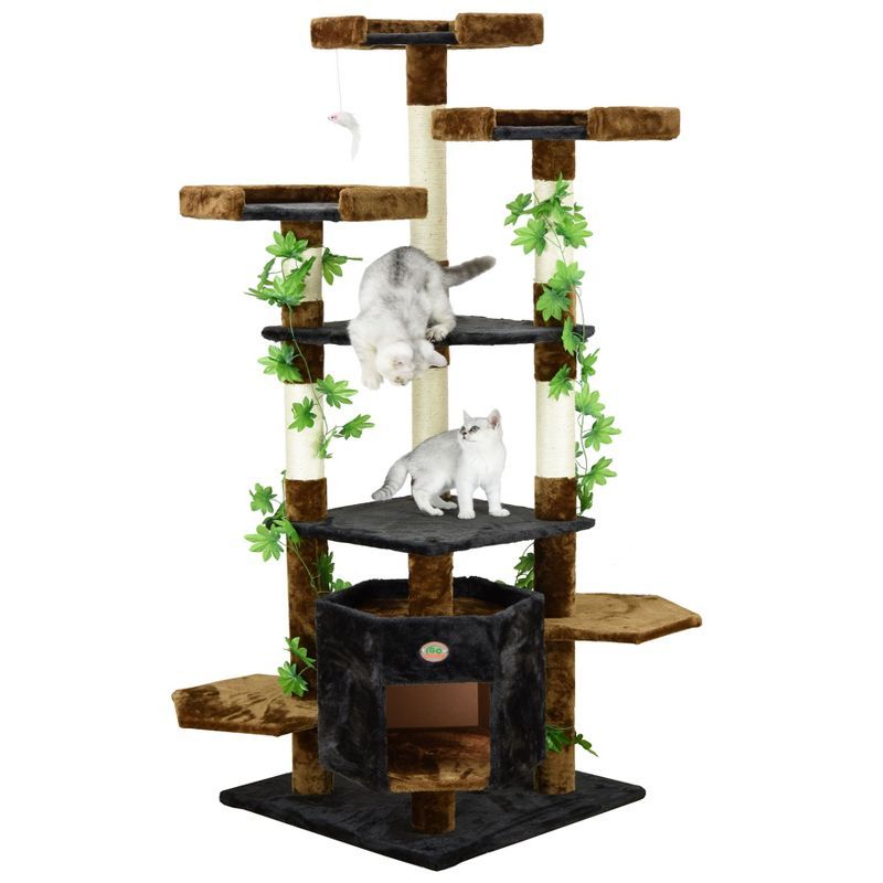 67-Inch Brown and Black Forest Cat Tree with Sisal Rope