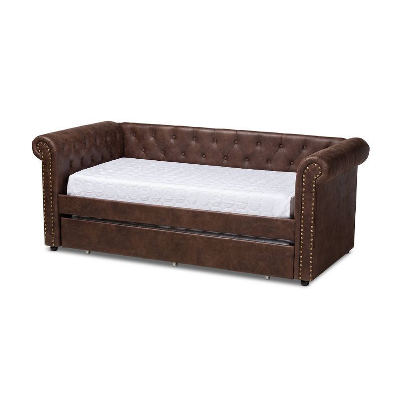 Mabelle Twin Brown Faux Leather Daybed with Trundle and Nailhead Trim