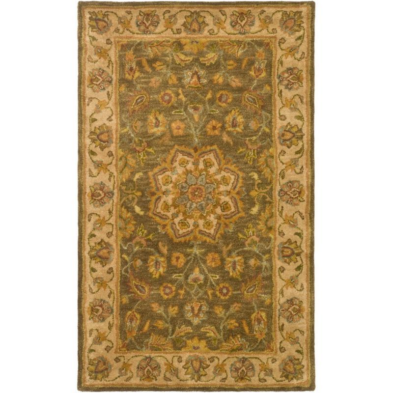 Ivory and Green Hand-Tufted Wool Area Rug, 3' x 5'