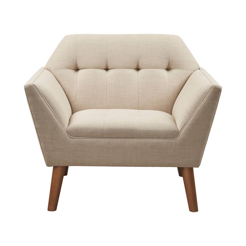 Tan Button Tufted Swivel Accent Chair with Wood Legs