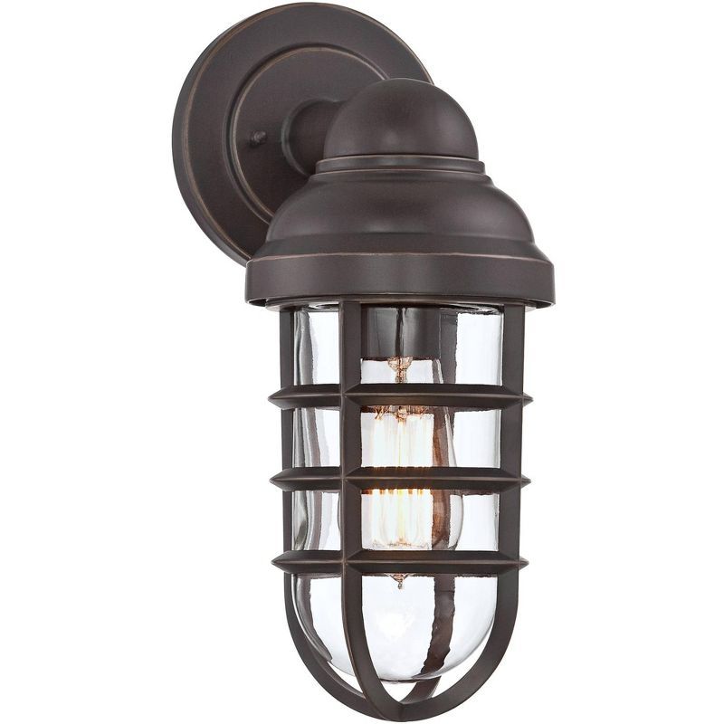 Marlowe Rustic Bronze Cage Outdoor Wall Light with Glass Shade