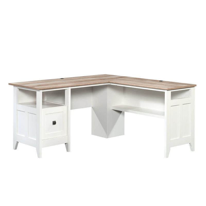 Soft White L-Shaped Wood Corner Desk with Drawer and Keyboard Tray