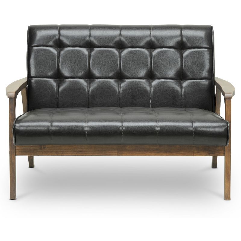 Mid-Century Brown Faux Leather Tufted Loveseat with Wood Accents