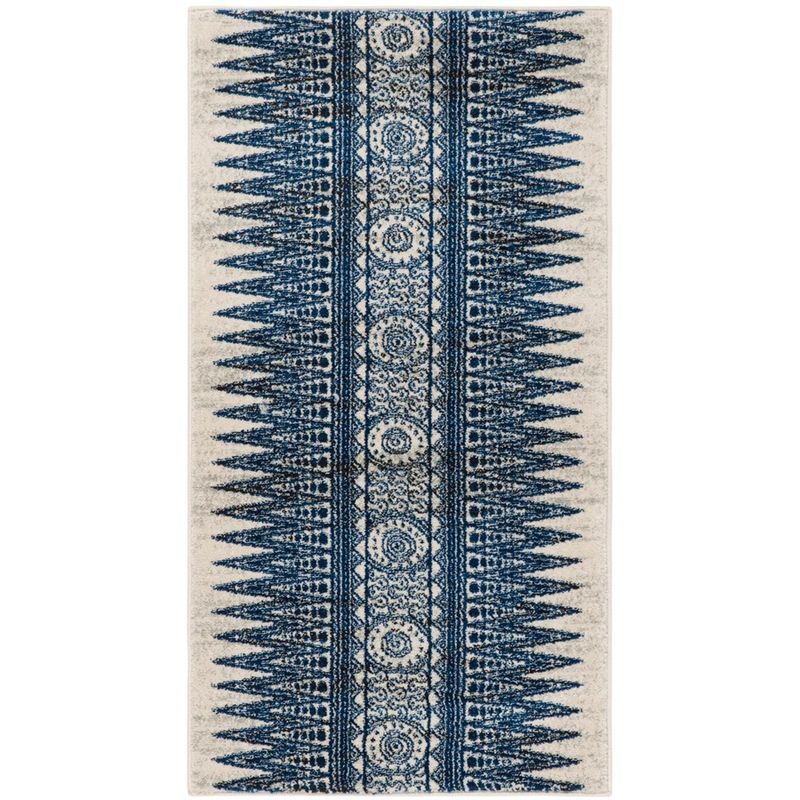 Ivory and Blue High Pile Synthetic Area Rug