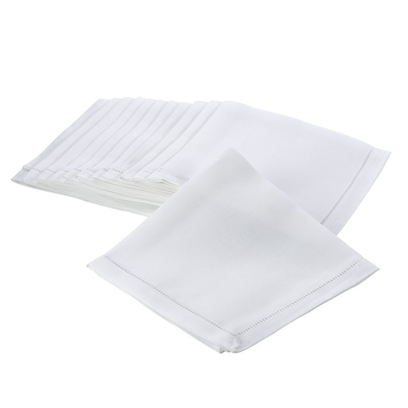 White Cotton Hemstitched Border Cocktail Napkins, Set of 12