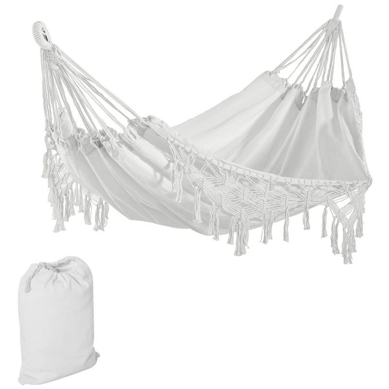 Extra Large White Cotton Hammock with Macrame Tassel Fringe