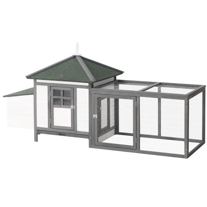 Gray Wooden Chicken Coop with Nesting Box and Run