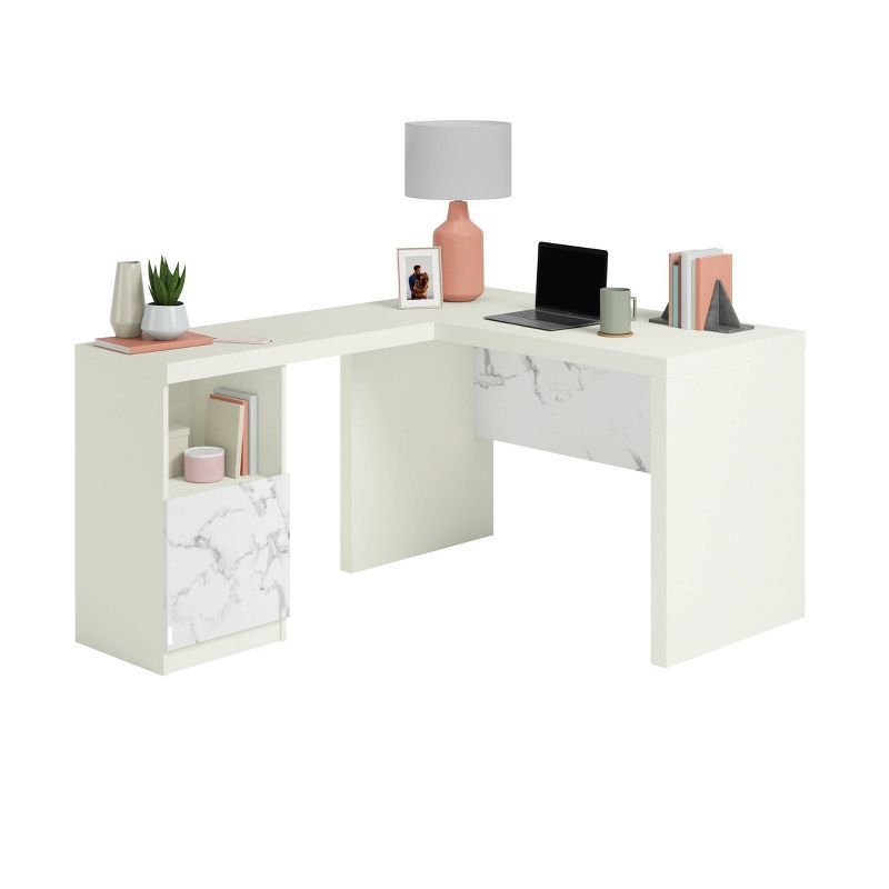 White L-Shaped Corner Desk with Drawer and Filing Cabinet