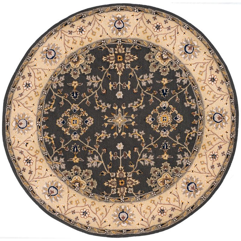 Grey and Cream Floral Round Synthetic Area Rug, 8'