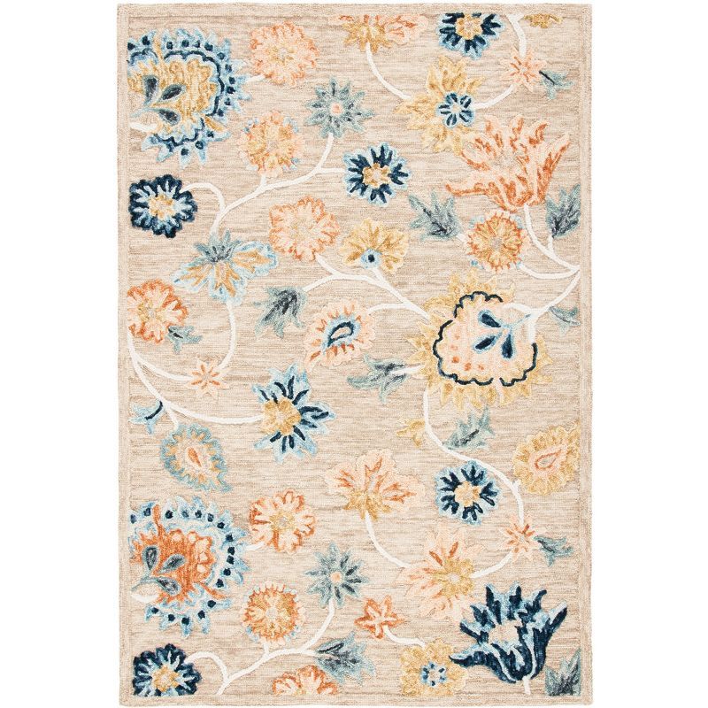 Beige and Blue Floral Hand-Tufted Wool Area Rug, 5' x 8'