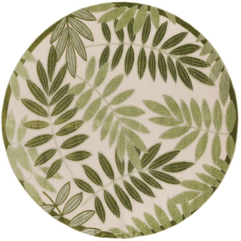 Ivory Green Round Flat Woven Leaf Outdoor Rug