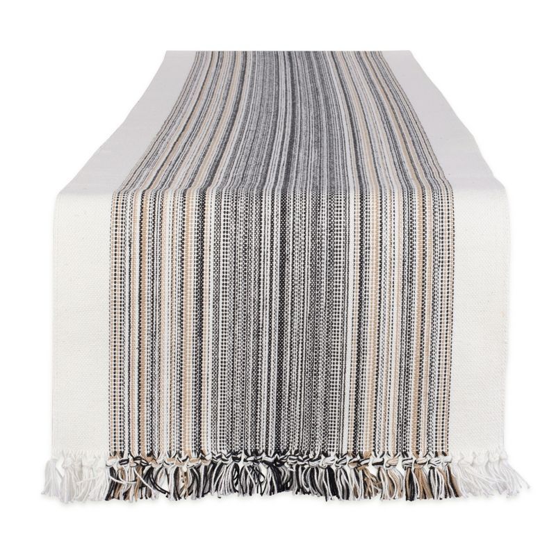 Charcoal and Beige Cotton Striped Table Runner with Fringe, 14x72"