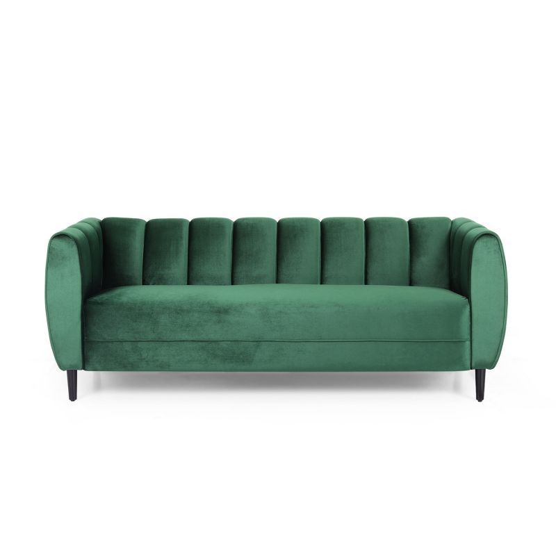 Emerald Velvet Tufted 3-Seater Sofa with Dark Brown Legs