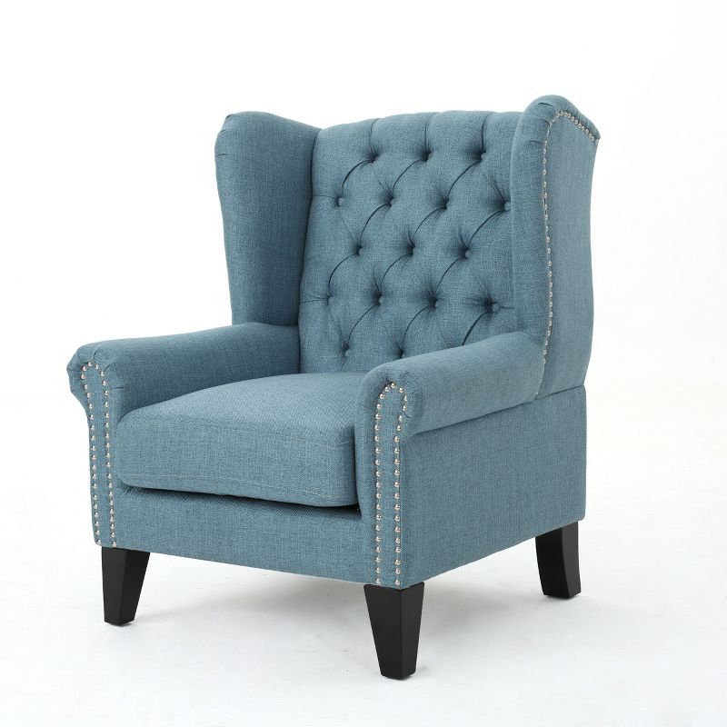 Lainie Blue Tufted Wingback Wood Accent Chair