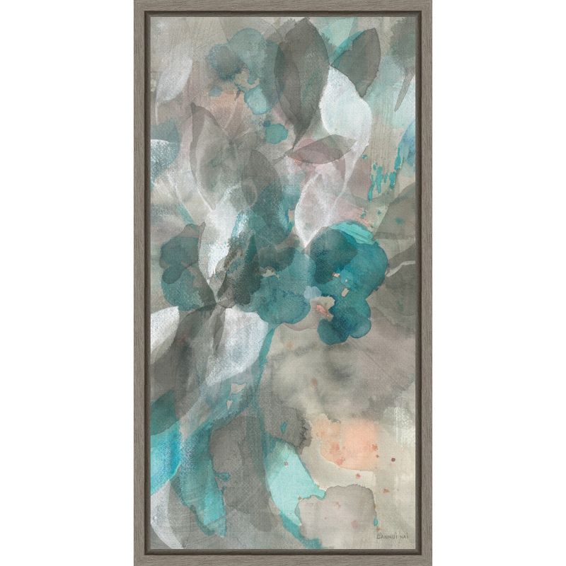 Teal and Gray Abstract Floral Canvas Framed Wall Art 14 x 27-in