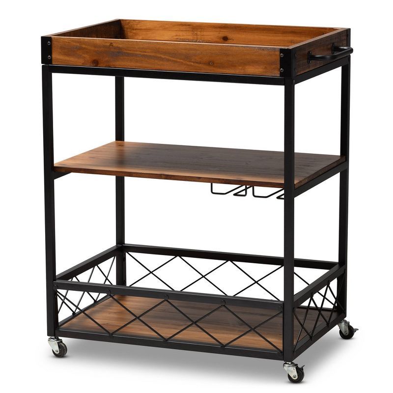 Capri Rustic Oak and Black Metal Mobile Bar Cart with Wine Storage