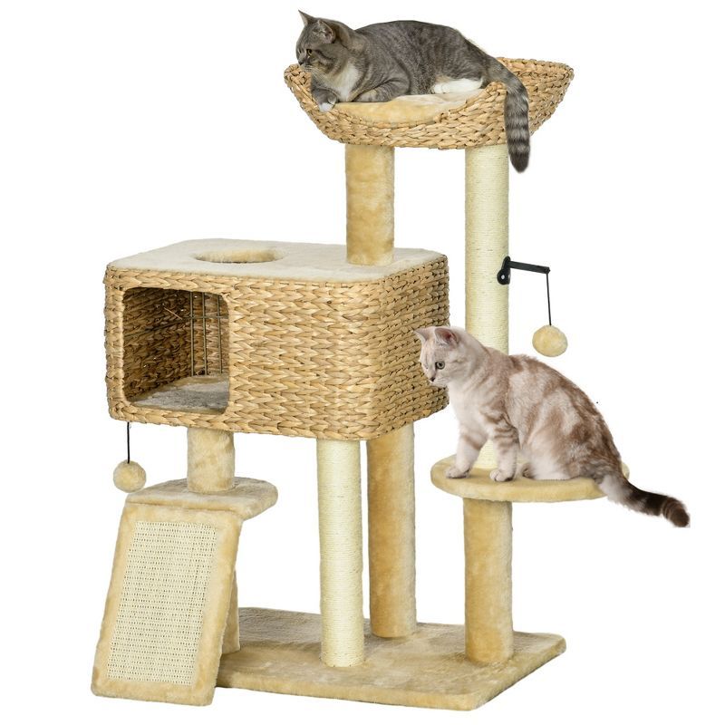 Beige Sisal Cat Tree with Condo and Hammock