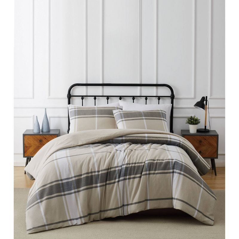 Preston Plaid Khaki and Gray Cotton Flannel Full/Queen Bedspread Set