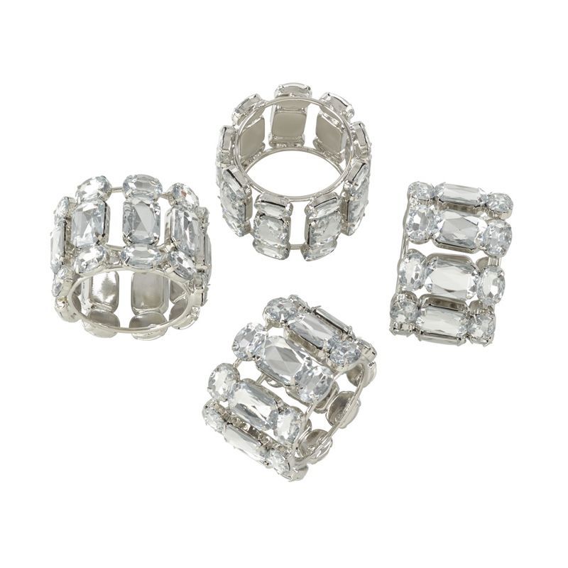 Jeweled Clear Acrylic Napkin Rings with Crystal Gems - Set of 4