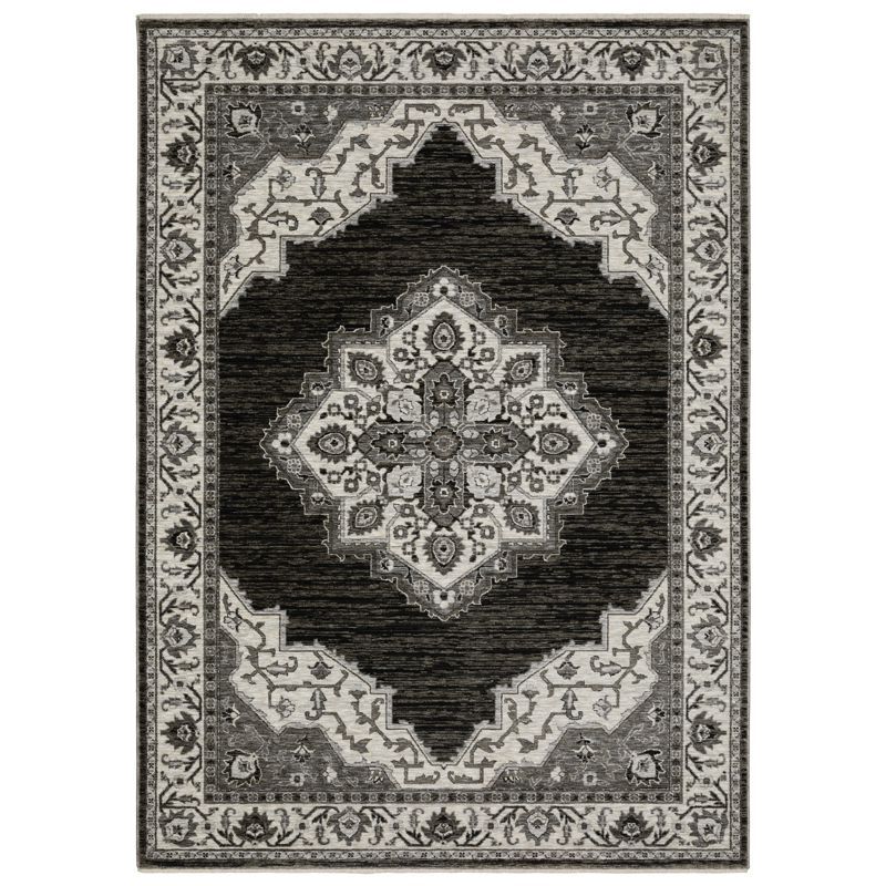 Charcoal and Ivory Medallion Synthetic 5x8 Area Rug