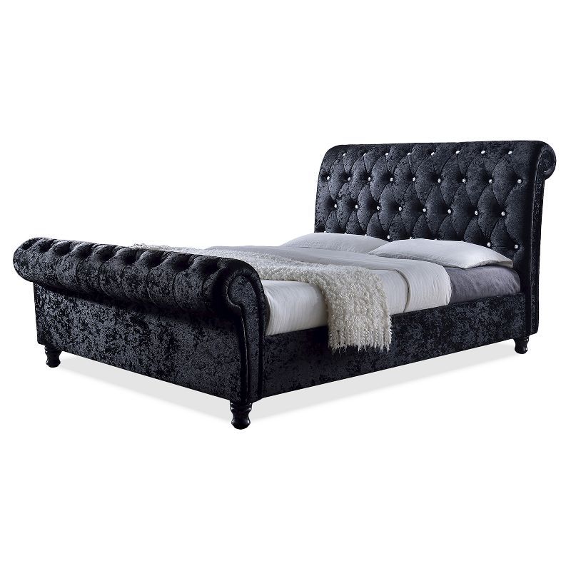 Elegant Black Velvet Queen Platform Bed with Crystal-Button Tufting