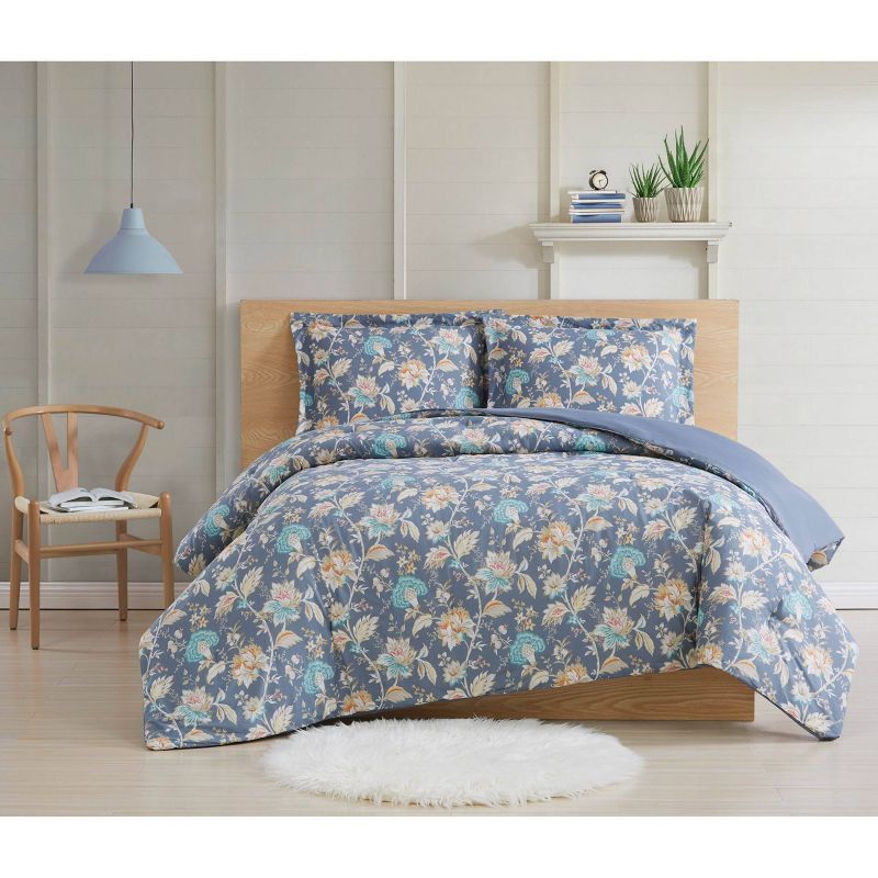 Slate Blue Floral King Comforter Set with Reversible Design