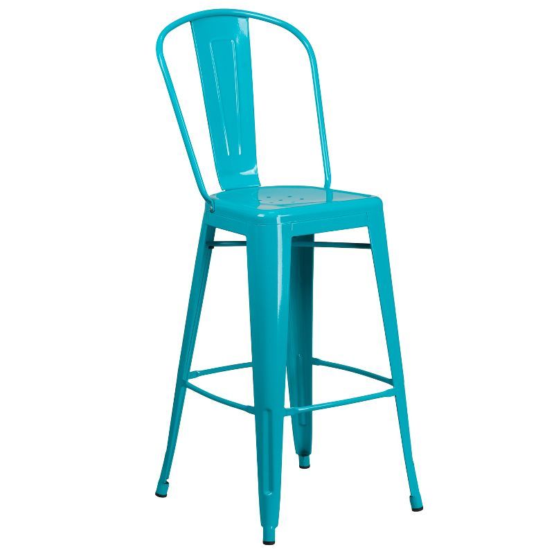 Crystal Teal-Blue Metal Indoor-Outdoor Barstool with Back