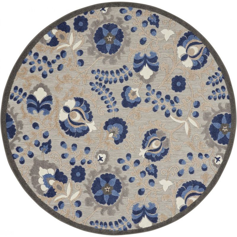 Natural Blue Floral Round Synthetic Rug, 5'3"