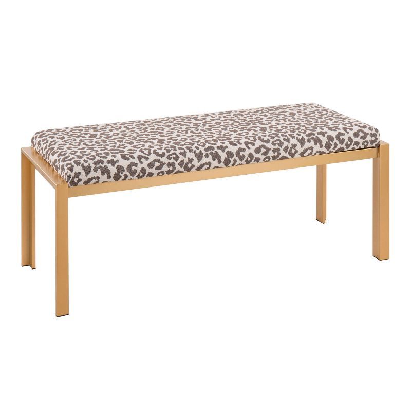 46" Beige Leopard Fabric Gold Metal Bench