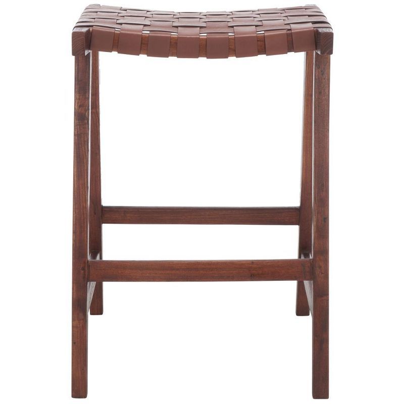 Cognac Woven Leather and Walnut Wood Backless Counter Stool