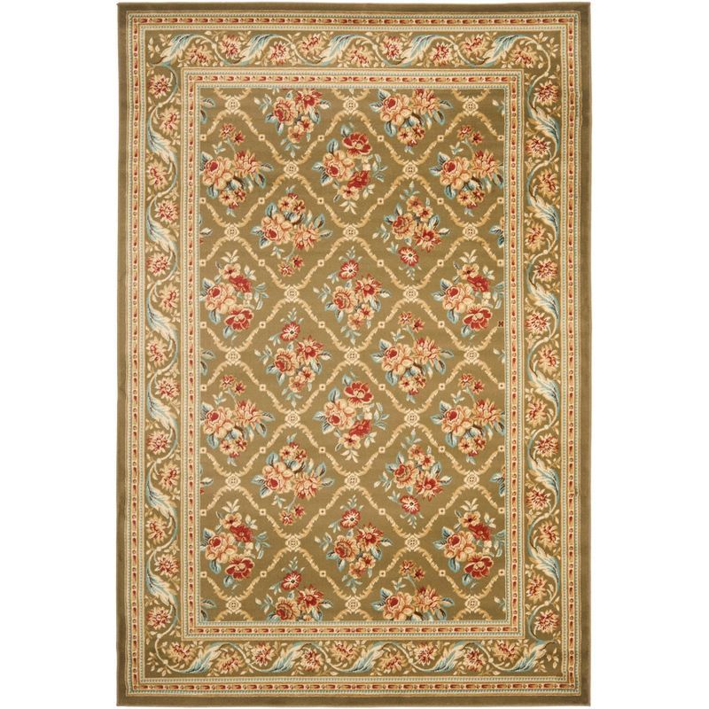 Green Floral Border Hand-Knotted Synthetic Area Rug