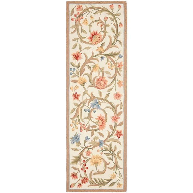 Ivory Floral Hand-Hooked Wool Runner Rug