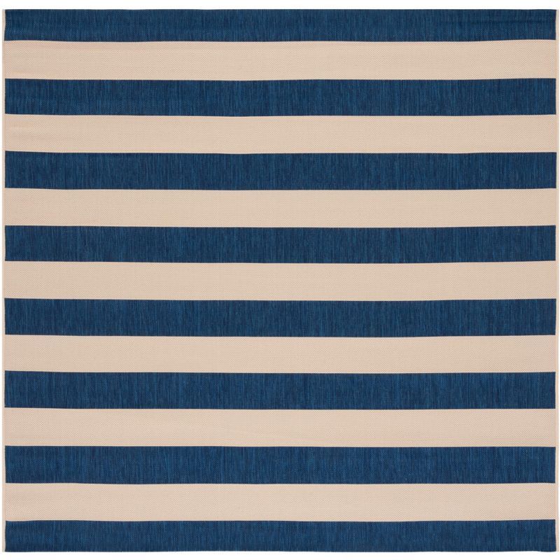 Beige and Navy Striped Square Synthetic Indoor/Outdoor Rug