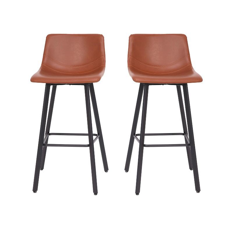 Caleb 30" Cognac Brown Leather & Matte Black Metal Bar Stool Set