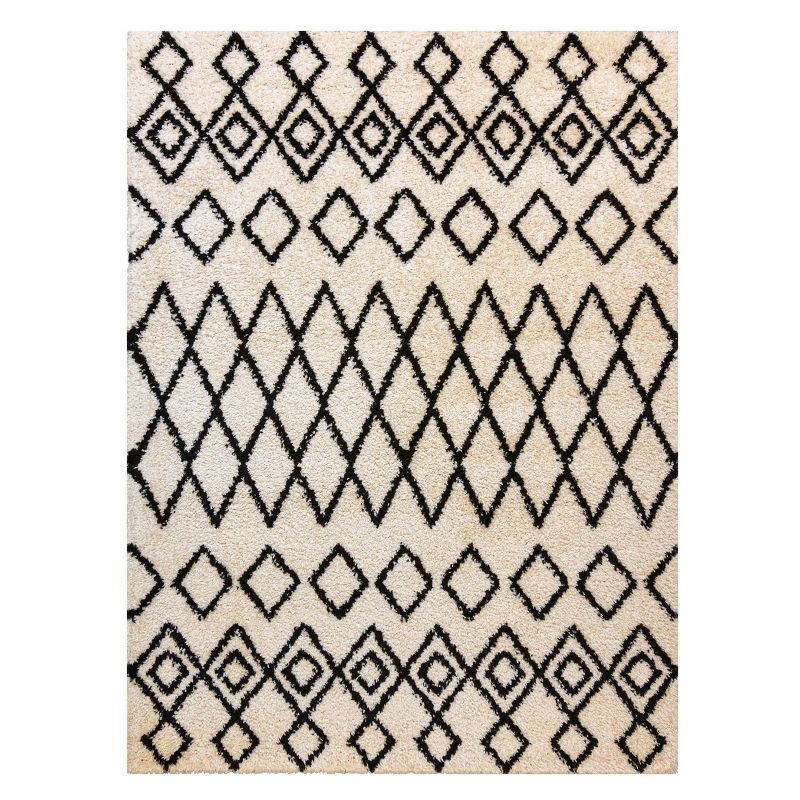 Ivory and Black Geometric Tufted Shag Area Rug, 8' x 10'