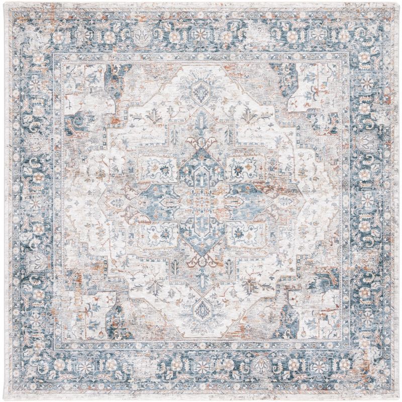 Ivory and Light Blue Square Hand-Knotted Wool Area Rug