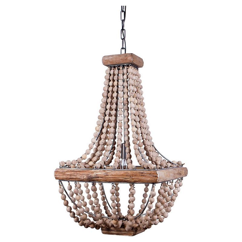 Elegant Black Cage Chandelier with Natural Wood Beads