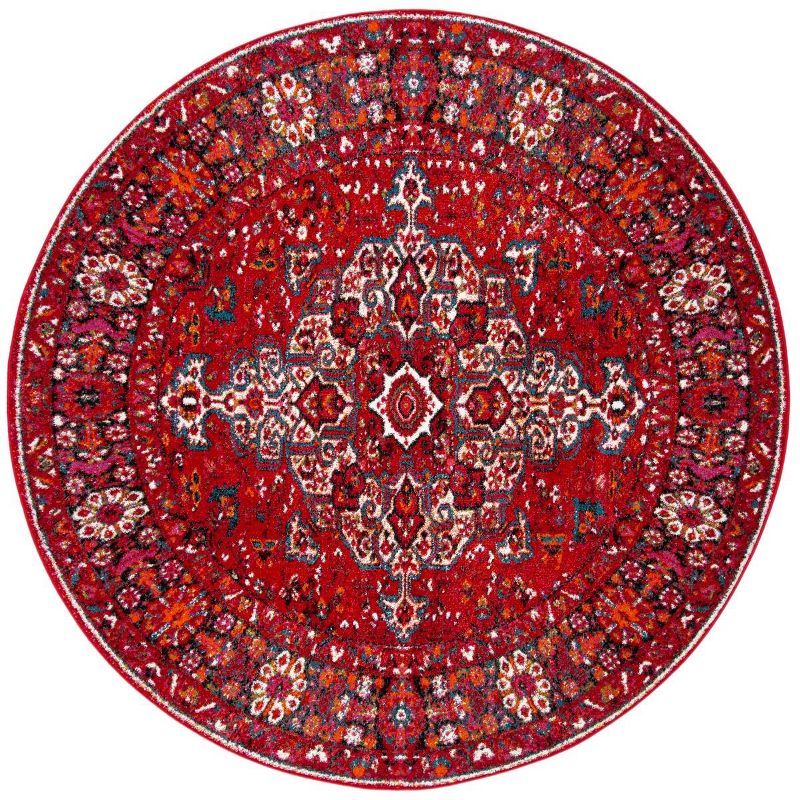 Vintage Red and Multi Synthetic Round Area Rug, 3' Diameter