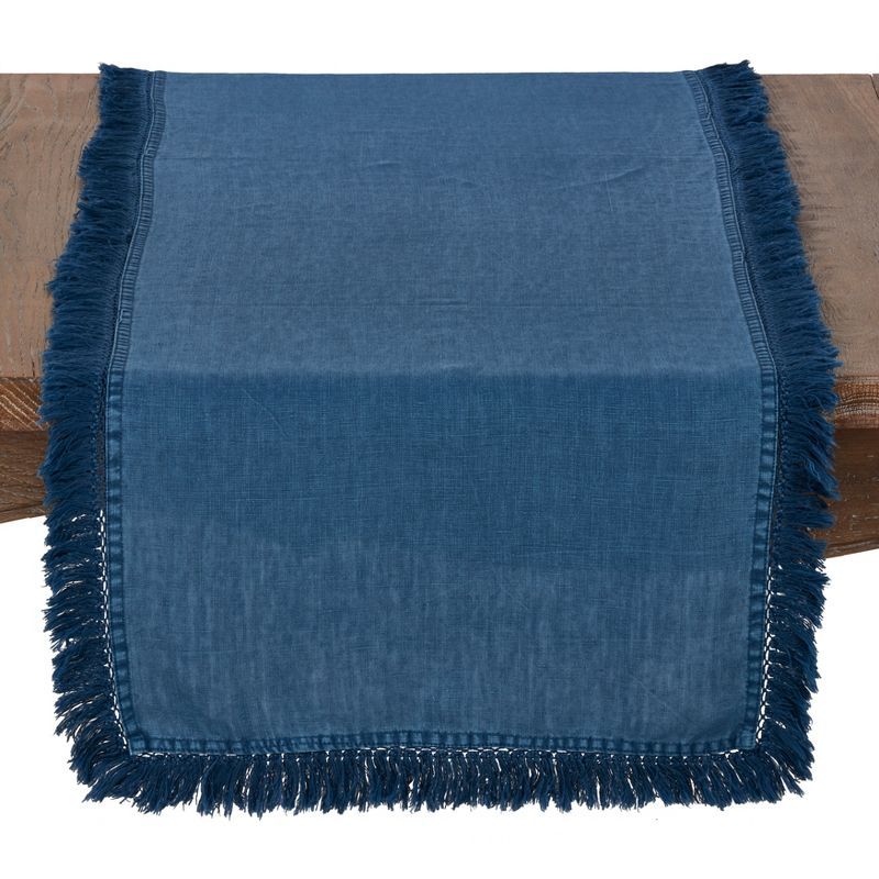 Navy Stonewashed Linen Table Runner with Fringe Edges