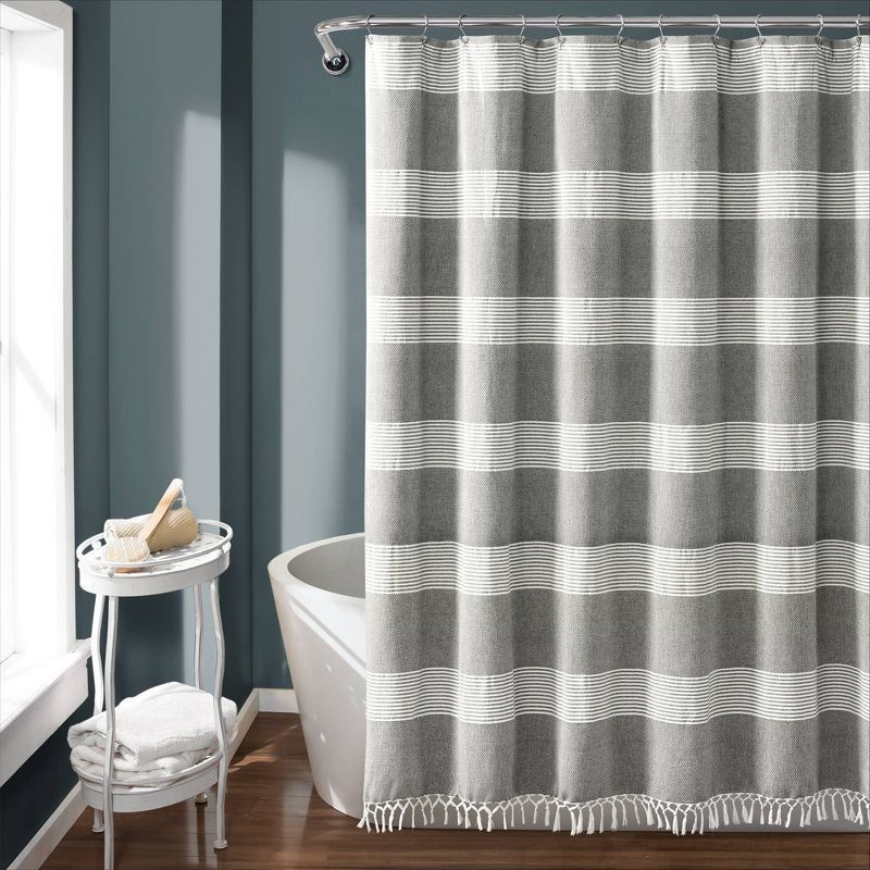 Gray and White Cotton Striped Tassel Shower Curtain