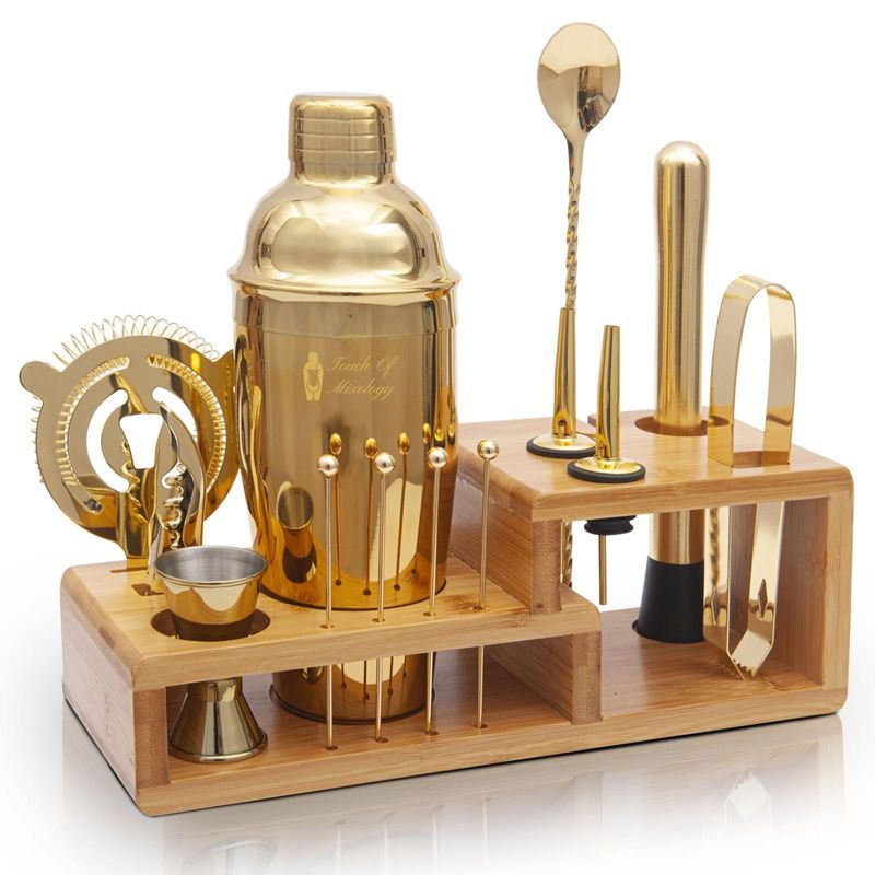 Gold Stainless Steel 14-Piece Bartender Kit with Bamboo Stand