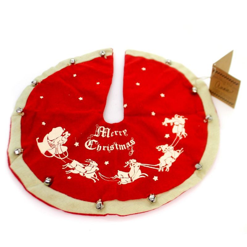 Mini Red Felt Vintage Christmas Tree Skirt with Bells, 12"