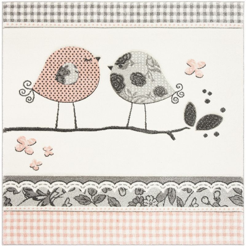 Playful Pals 3' Square Pink and Ivory Synthetic Kids Area Rug