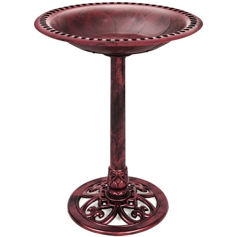 Cherry Red Rustic Polyresin Pedestal Bird Bath with Fleur-de-Lis Accents