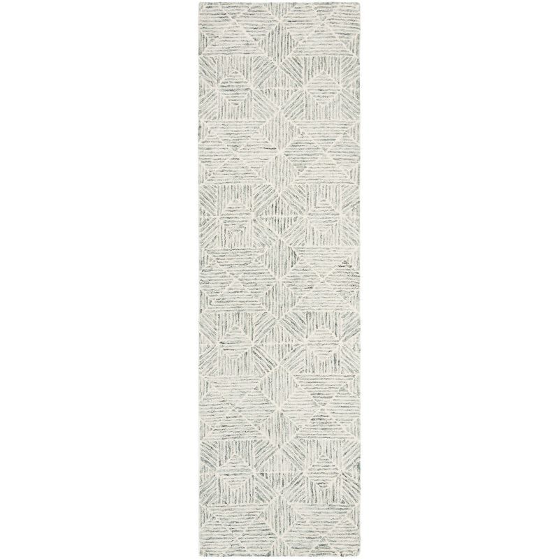 Light Green Geometric Tufted Wool Runner Rug