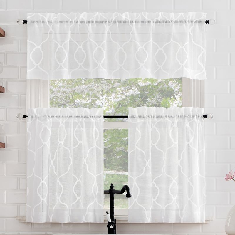 White Light-Filtering Embroidered Polyester Kitchen Curtain Set