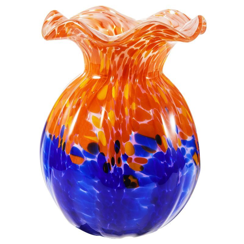 Hand Blown Orange and Blue Glass Bud Vase, 8" Tall