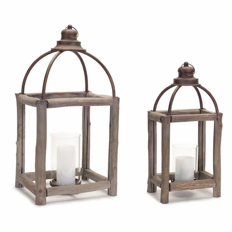 Natural Gray Wood and Metal Hanging Candle Lantern Set