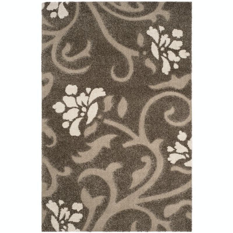 Elegant Smoke Beige Floral Shag Area Rug, 8' x 10', Easy Care Synthetic